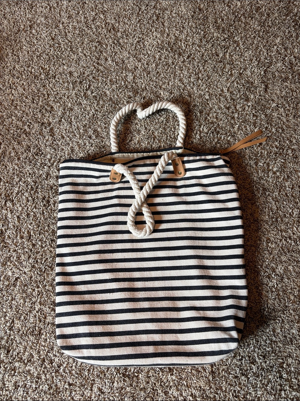 summer & rose Black and White Striped Rope Handle Tote